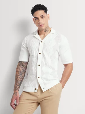 Fabiani Men's White Pointelle Button Up Knit Polo Shirt