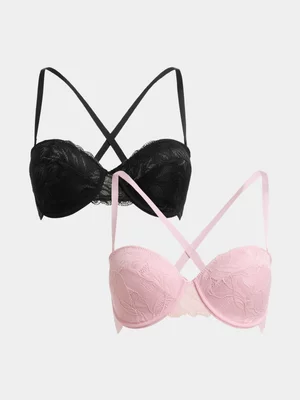 Jet Women's 2 Pack Pink and Black Elastic Lace Balconette Bra