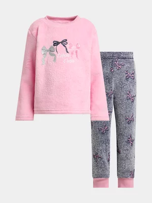 Jet Older Girls Pink & Navy Bow Coral Fleece PJ Set