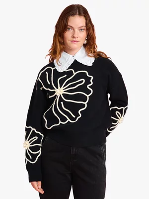 Women's Me&B Cornelli Black & Cream Flower Jumper