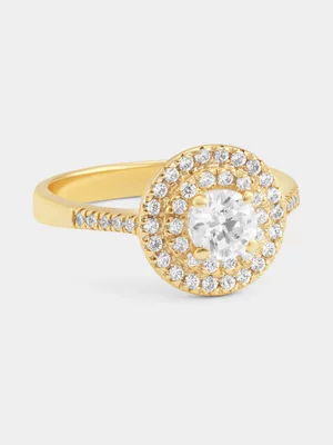 Yellow Gold Cubic Zirconia Round Double Halo Pavé Ring