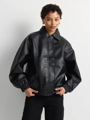 Pebbled Pleather Collar Bomber Jacket
