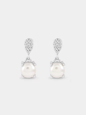 Sterling Silver Pearl & Cubic Zirconia June Birthstone Drop Earrings