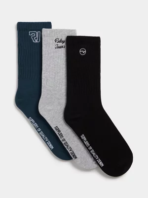 Relay Jeans Men's 3PK Shaft Embroidered Blue/Grey/Black Socks