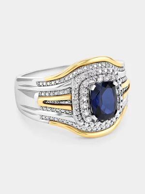 Yellow Gold & Sterling Silver Diamond & Created Blue Sapphire Cushion Ring 
