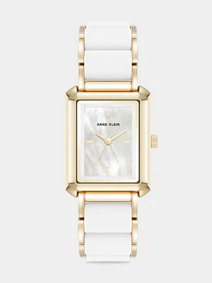 Anne Klein White Mother Of Pearl Dial Gold Plated Rectangular Silicone Watch