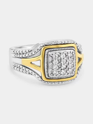 Yellow Gold & Sterling Silver Diamond Cushion Halo Ring 