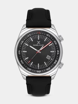 Daniel Klein Silver Plated Black Dial Black Leather Watch 