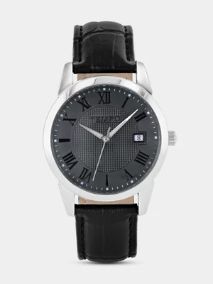 Tempo Silver Plated Grey Dial Black Leather Watch