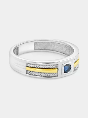 Yellow Gold & Sterling Silver Blue Sapphire Round Square Ring 