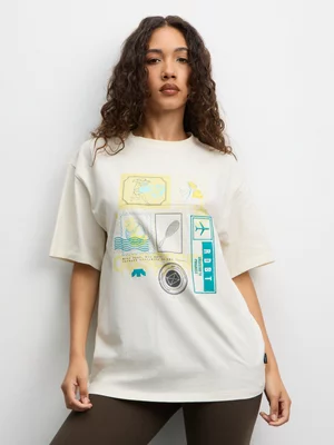 Redbat Women's Relaxed 'Tennis Stamp' Graphic Ecru T-Shirt