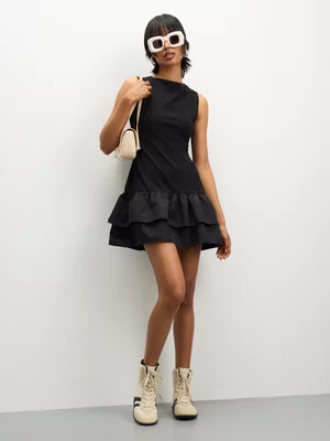 The FIX Women's Black Crepe Boat Neck Ruffle Mini Dress