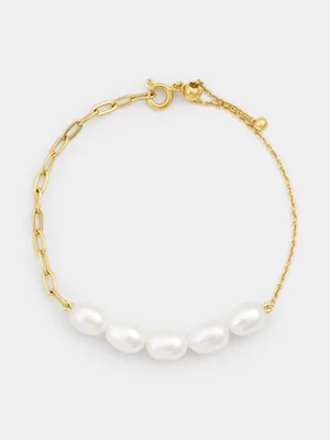 Gold Plated Sterling Silver Freshwater Pearl Oval Link Bracelet
