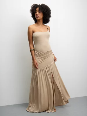 The FIX Women's Brown Slinky Knit One Shoulder Beaded Maxi Dress