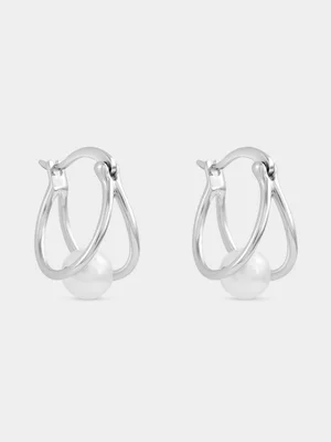 Sterling Silver Freshwater Pearl Floating Double Hoop Earrings
