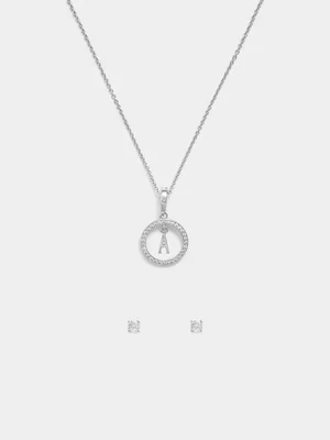 Rhodium Plated Cubic Zirconia Initial A Circle Pendant & Stud Set