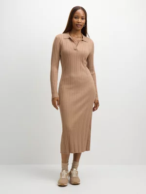 Exact Women's Biege Collar Knit Dress 