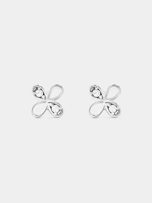 Sterling Silver Lab Grown Diamond Clover Stud Earrings 