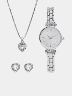 Exact Women's Silver Necklace, Earrings & Watch Set