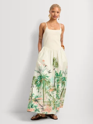 Jungle Print Smocked Bodice Maxi Sundress 