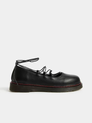 The FIX Women's Black Chunky Lace Up Ballerina Shoe