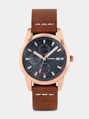 Tempo Rose Plated Navy Dial Brown Leather Watch