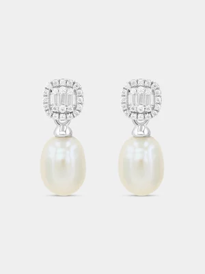 Sterling Silver Freshwater Pearl & Cubic Zirconia Cushion Halo Drop Earrings 