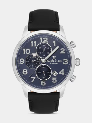 Daniel Klein Silver Plated Blue Dial Black Leather Watch 