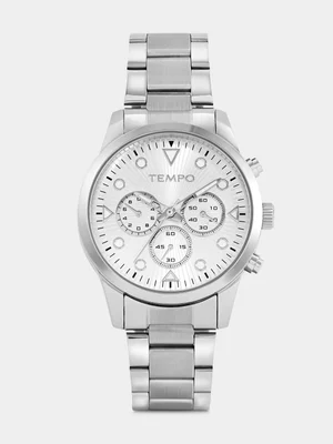 Tempo Silver Plated Silver Tone Dial Chrono-Look Bracelet Watch 