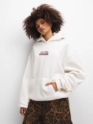 The FIX Women's White Oversized C'esttres Demure Print Hoodie