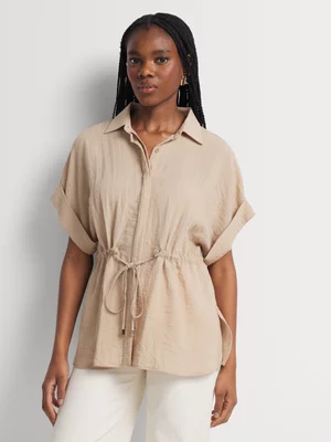 Textured Drawstring Cap Sleeve Shirt