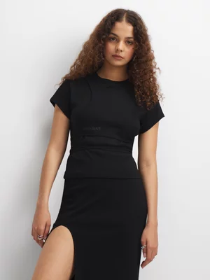 Rebat Women's Rib Layered Asymmetrical Black T-Shirt