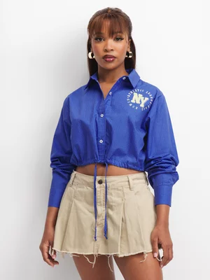 The FIX Women's Blue Cropped Shirt With Waist Ties