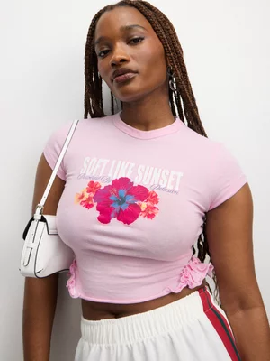 The FIX Women's Pink 'Sunset' Graphic Top With Ruffle Sides