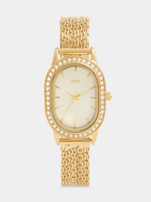 MX Gold Plated Silver Dial Oval Multiple Chains Watch 