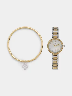 MX Gold Plated Silver Tone Dial Two-Tone Bracelet Watch & Clover Bangle Set 