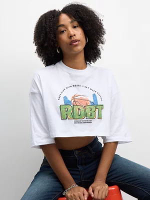 Rebat Athletics Women's Crop Boxy Graphic White T-Shirt