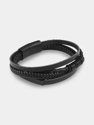 Markham Men's Leather Triple Bead Black Bracelet 