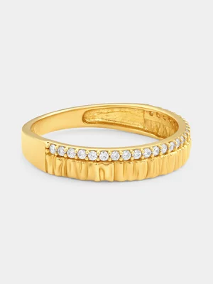 Yellow Gold Cubic Zirconia Bark Texture Duet Ring 