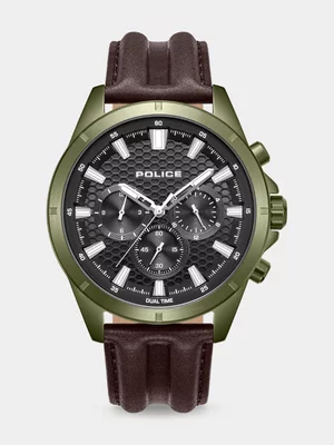 Police Malawi Green Plated Stainless Steel Multi Dial Brown Leather Watch