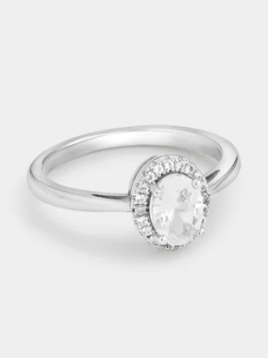 Sterling Silver White Sapphire Oval Halo Ring