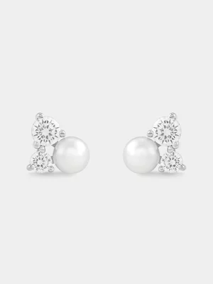 Sterling Silver Freshwater Pearl & Cubic Zirconia Trilogy Stud Earrings