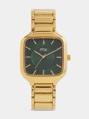 MX Gold Plated Green Dial Square Bracelet Watch 