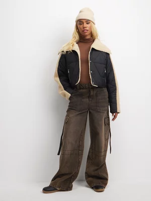 The FIX Women's Black Sherpa Cropped Puffer Jacket 