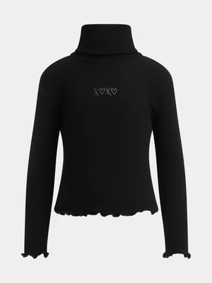 Exact Older Girl's Black Ribbed Poloneck Top