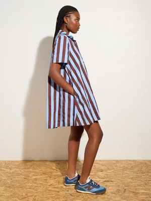 Women's Canvas Stripe Trapeze Shirt Dress Brown & Blue