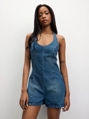 The FIX Women's Mid Wash Halter Denim Shortall 