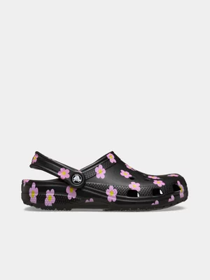 Kids Crocs Classic Black Flower Clog