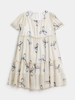 Exact Older Girl's White Bow Mesh Tiered Dress