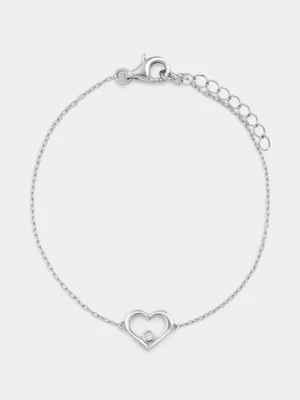 Sterling Silver Lab Grown Diamond Open Heart Bracelet 